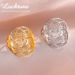 Lucktune Lotus Flower OM Yoga Symbol Ring Stainless Steel Buddhism Hindu Amulet Chakra Finger Rings Women Vintage Jewelry Gift
