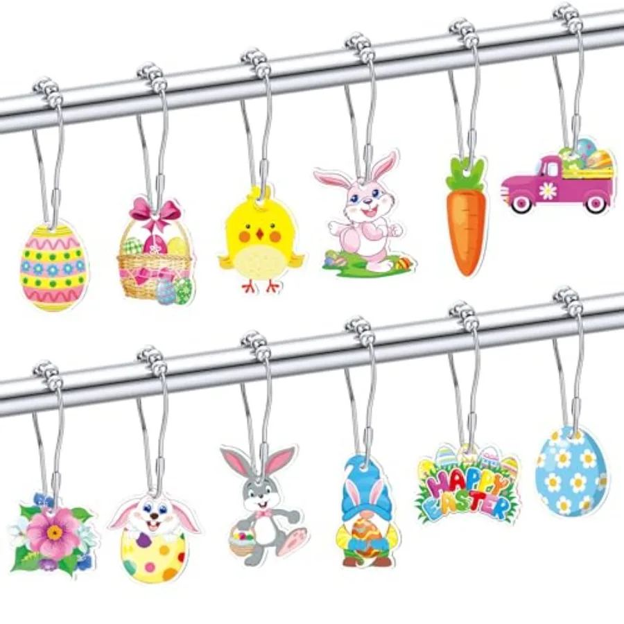 

12 Pcs Easter Shower Curtain Hooks Hangers Decorative Metal Rustproof Bathroom Pendants Decor with Happy Easter Egg Chick Rabbi