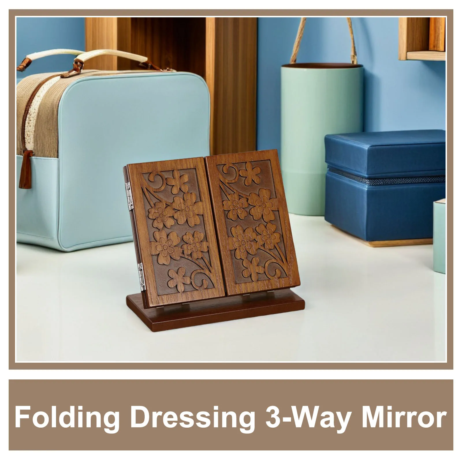 مرآة مكياج قابلة للطي بنمط نحت خشبي مبتكر، عملية ومتينة للنساء، أداة مكياج مرآة لمستحضرات التجميل قابلة للطي