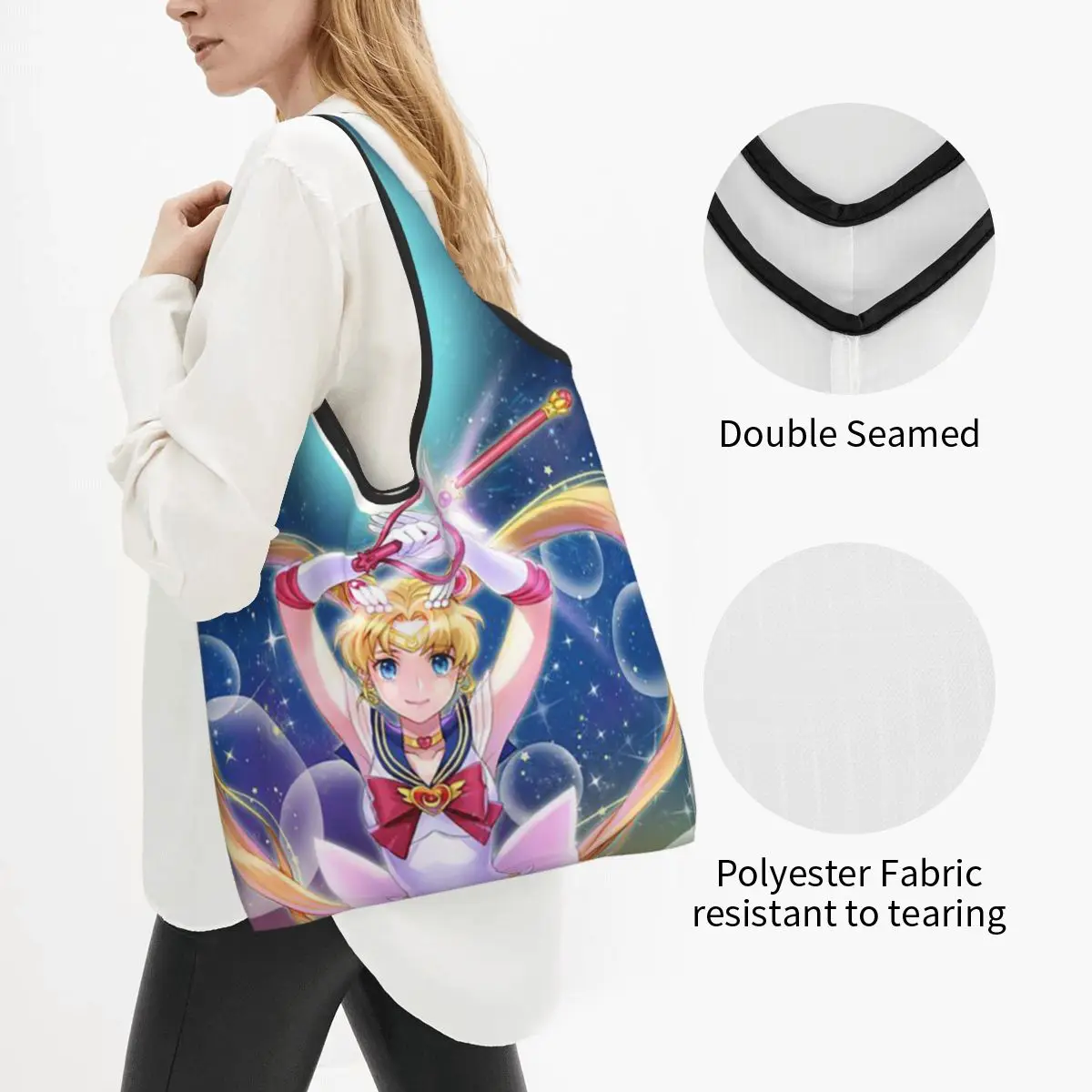 Japanese Shojo Sailor Cartoon Anime Moon Girl Portable Tote Shopping Bags Reusable Shopper Bag Groceries Handbag Shoulder Bag