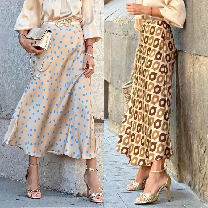 Women's Long Satin Skirt Midi Elegant High Waist  Polka Dot 2024 Autumn Office A-line Vintage Silk Printed Skirt Female Skirt