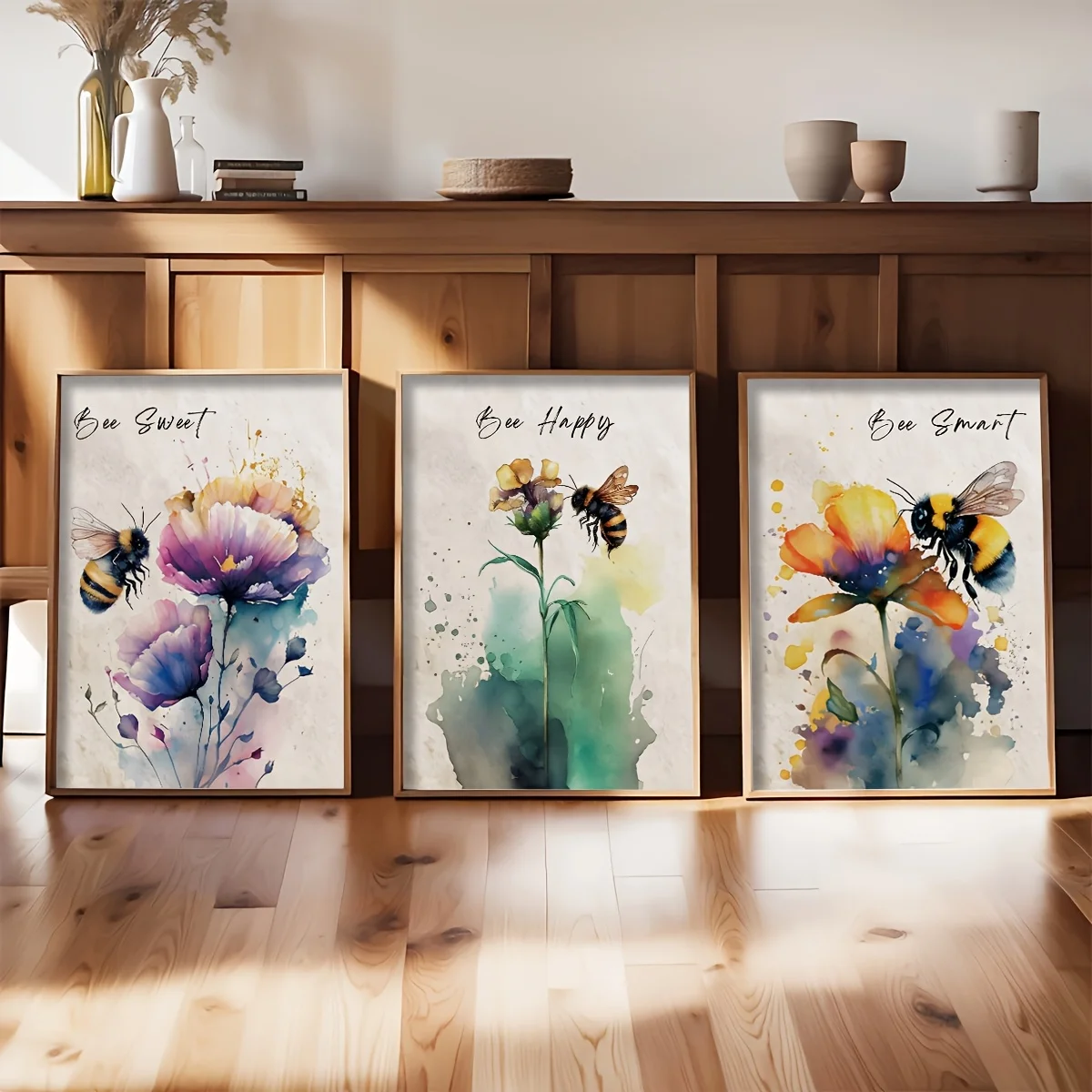 （3PCS NOFrame）-3pcs/Set Watercolor Bee And Flower Canvas Prints, Vintage Inspirational Decorative Posters, High Quality Creat