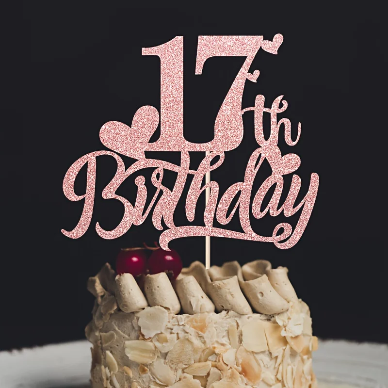 1 Stück Roségoldener Glitzer 17. Geburtstagstorten-Topper - Elegante Bambus-Partydekoration „Happy 17th“, Kein Strom erforderlich