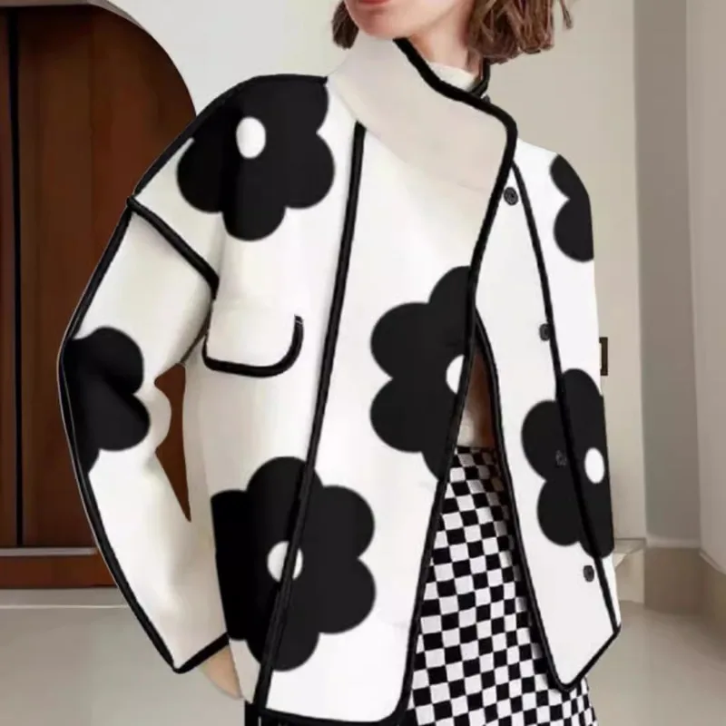 

2025 Long-sleeved Loose Contrasting Flower Print Split-neck Jacket Jacket Wool Jacket