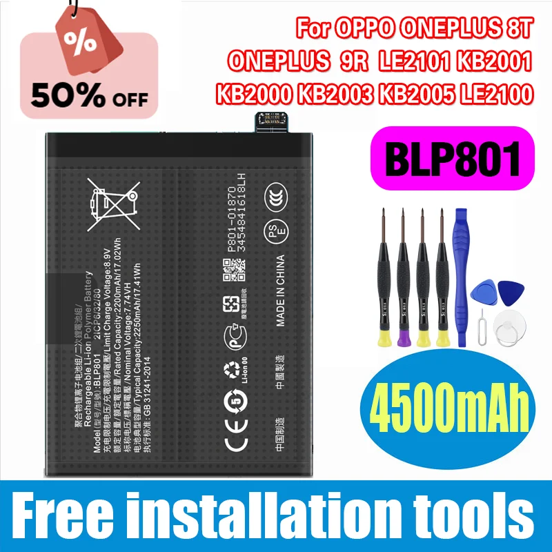 

BLP801 4500mAh Battery For OPPO ONEPLUS 8T/ONEPLUS 9R/LE2101/KB2001/KB2000/KB2003/KB2005/LE2100 Replacement Batteries