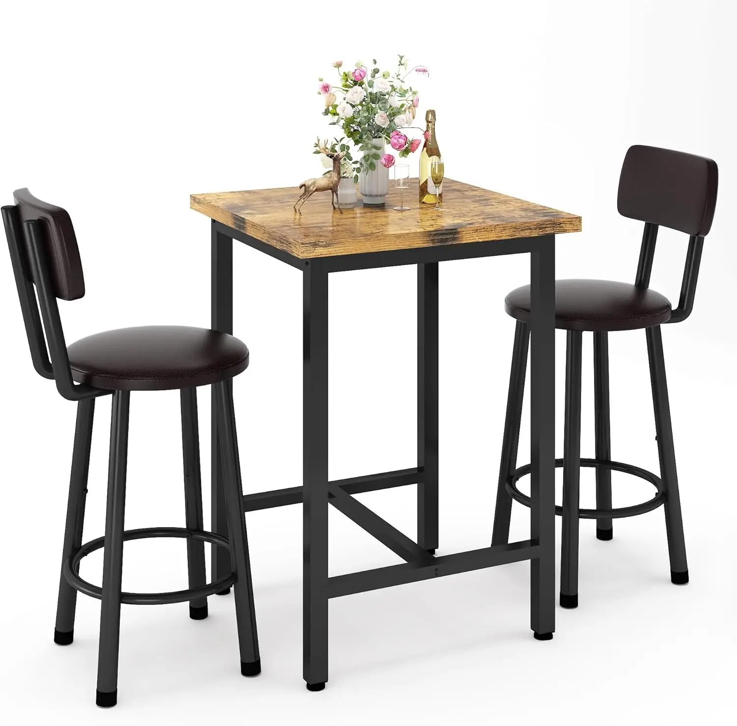 3 Piece Pub Dining Set, Modern bar Table and Stools for 2 Kitchen Counter Height Wood Top Bistro Easy Assemble for Breakfast Noo