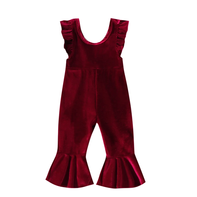 Toddler Girls Autumn Winter Jumpsuit Ruffle Sleeve Velvet  Suspender Flared Pants