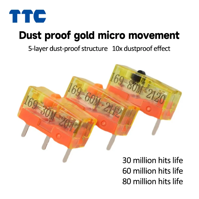 

1Pcs New TTC dustproof gold series mouse micro switch 3-pin gold alloy contact 30M 60M 80 million click life mouse button