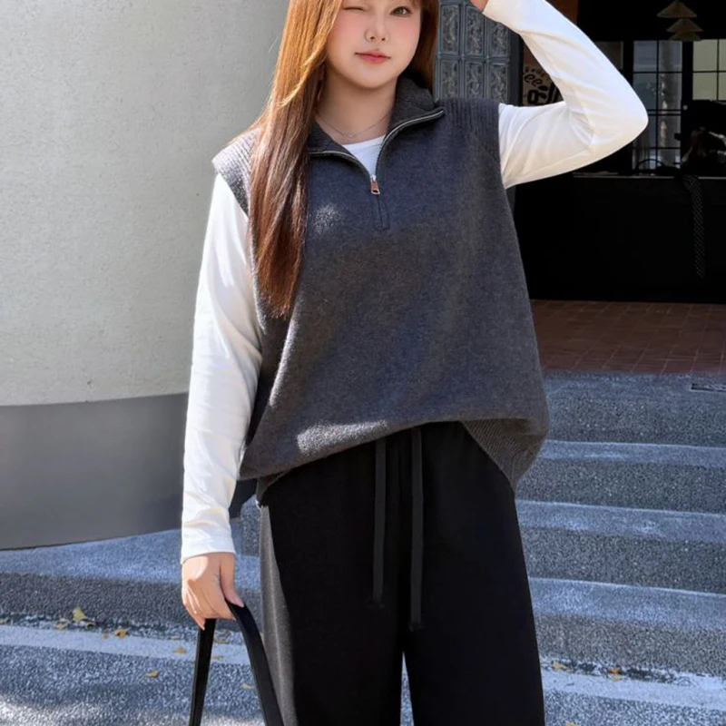 

Fashion Plus Size Woman Clothing Sweaters Premium Zipper Stylish Knitted Vest For Winter Commuting Minimalist Jersey 9282