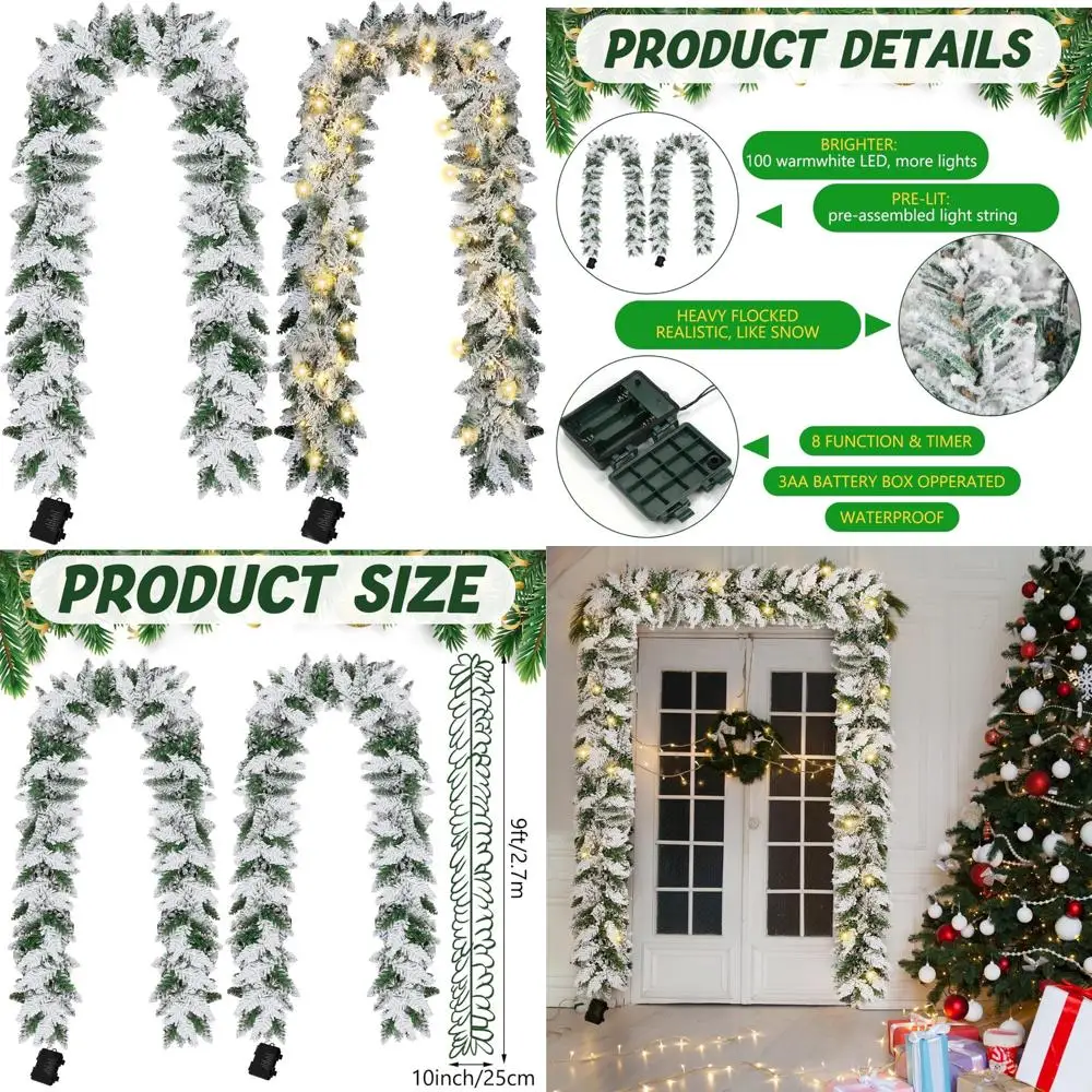 إكليل عيد الميلاد المتجمع بالثلوج المضاء مسبقًا يعمل بالبطارية مع 100 مصباح LED أبيض دافئ، إكليل من الأرز بطول 9 أقدام، وظيفة مؤقت، قطعتان Se