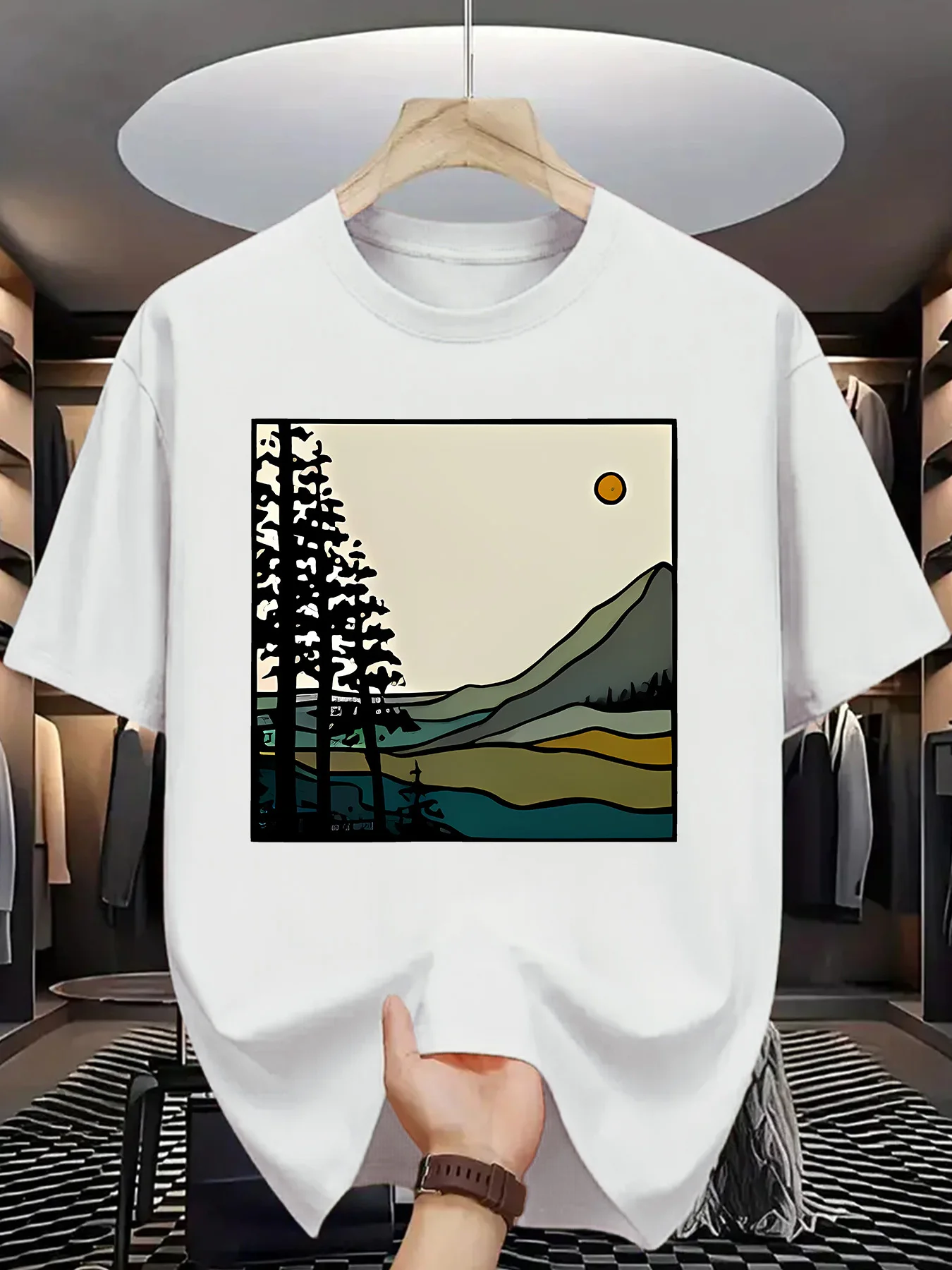Mountain Forest Landscape Mens Crew Neck T Shirt Retro Square Nature Art Graphic Short Sleeve Tee Casual Male Street Tops