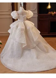 Ivory White Ball Gown Girls Dresses Short Puff Sleeve High Neck Long Train Princess Flower Girl Dress Pageant Christmas Gown