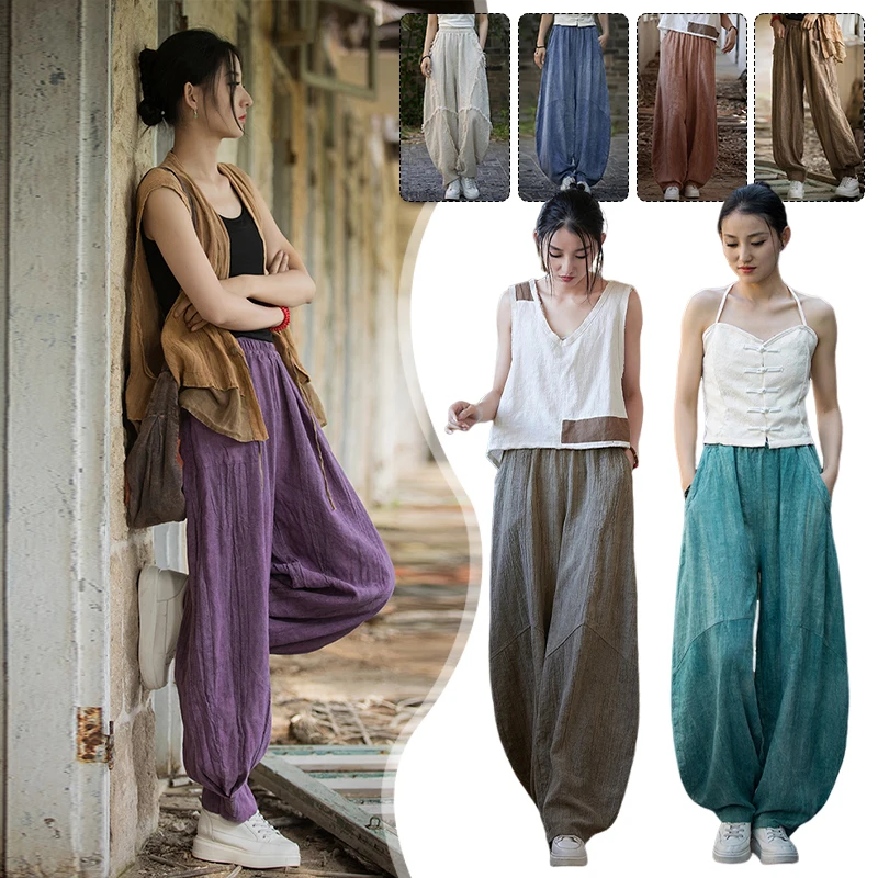 Women Vintage Ramie Cotton Linen Pants Elastic Waist  Wide Leg Trousers Spring Summer Tie-dye Harem Pants Loose Bloomers