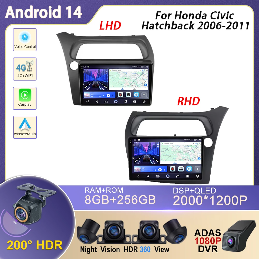 

Android 14 For Honda Civic Hatchback 2006 LHD RHD Car 5G wifi Radio Stereo Multimedia Player GPS Navigation Wireless Carplay DSP