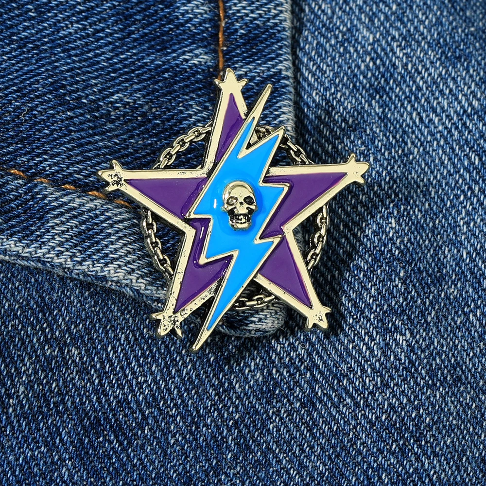 Punk Chain Circle Lightning Pentagram Skull Combo Design namel Brooches Blue Purple Colors Halloween Pins