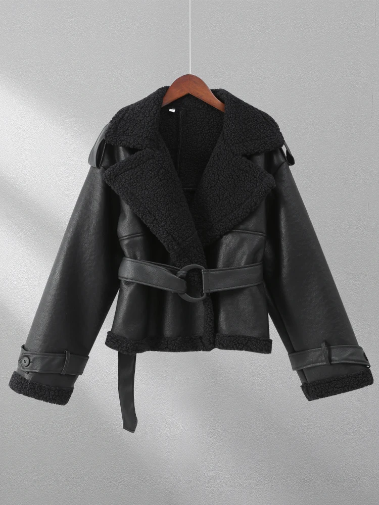 Winter Leather Patchwork Sherpa Coat With Belt Elegant Long Sleeve Double Pockets Plush Coats New Lady Warm High Streetwear