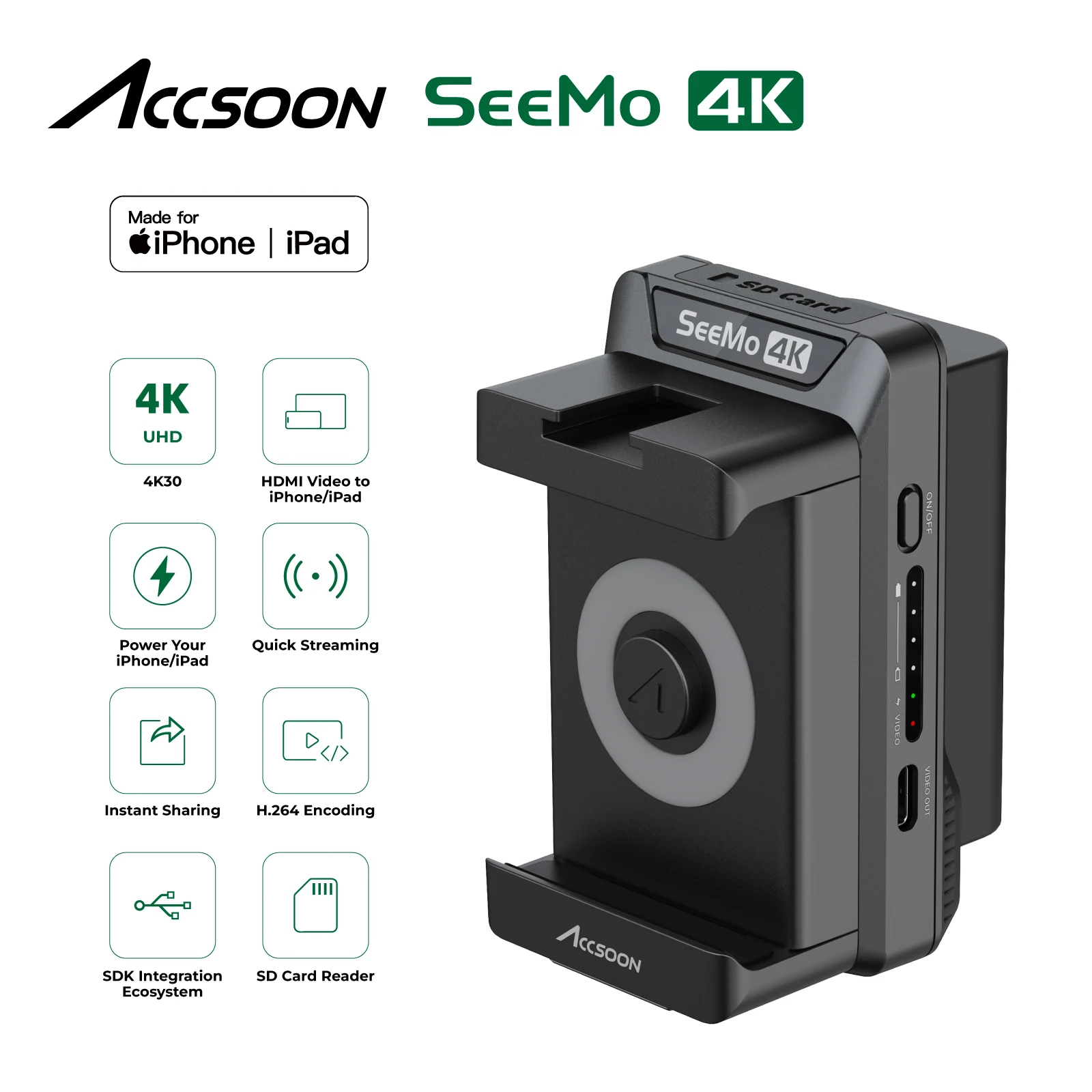 Accsoon Seemo 4K SD Card Reader for IPhone ipad Charging Recording Sharing Video Live Streaming Capture to IOS Monitor