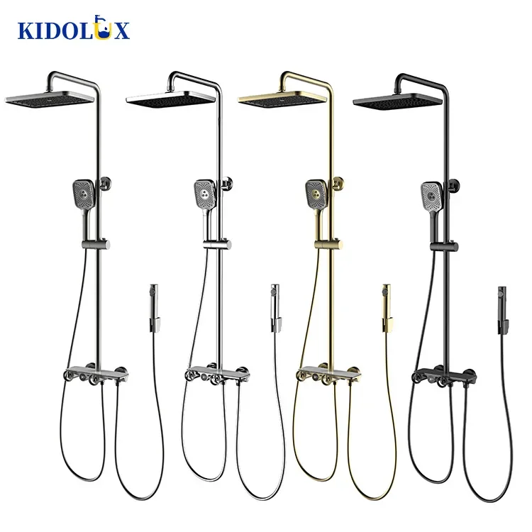 Hot Cold Wall Mounted Bathroom Led Rainfall Contemporary  High Pressure Water 4 In 1 Led Knob Handle Shower Set Italy Gun Grey