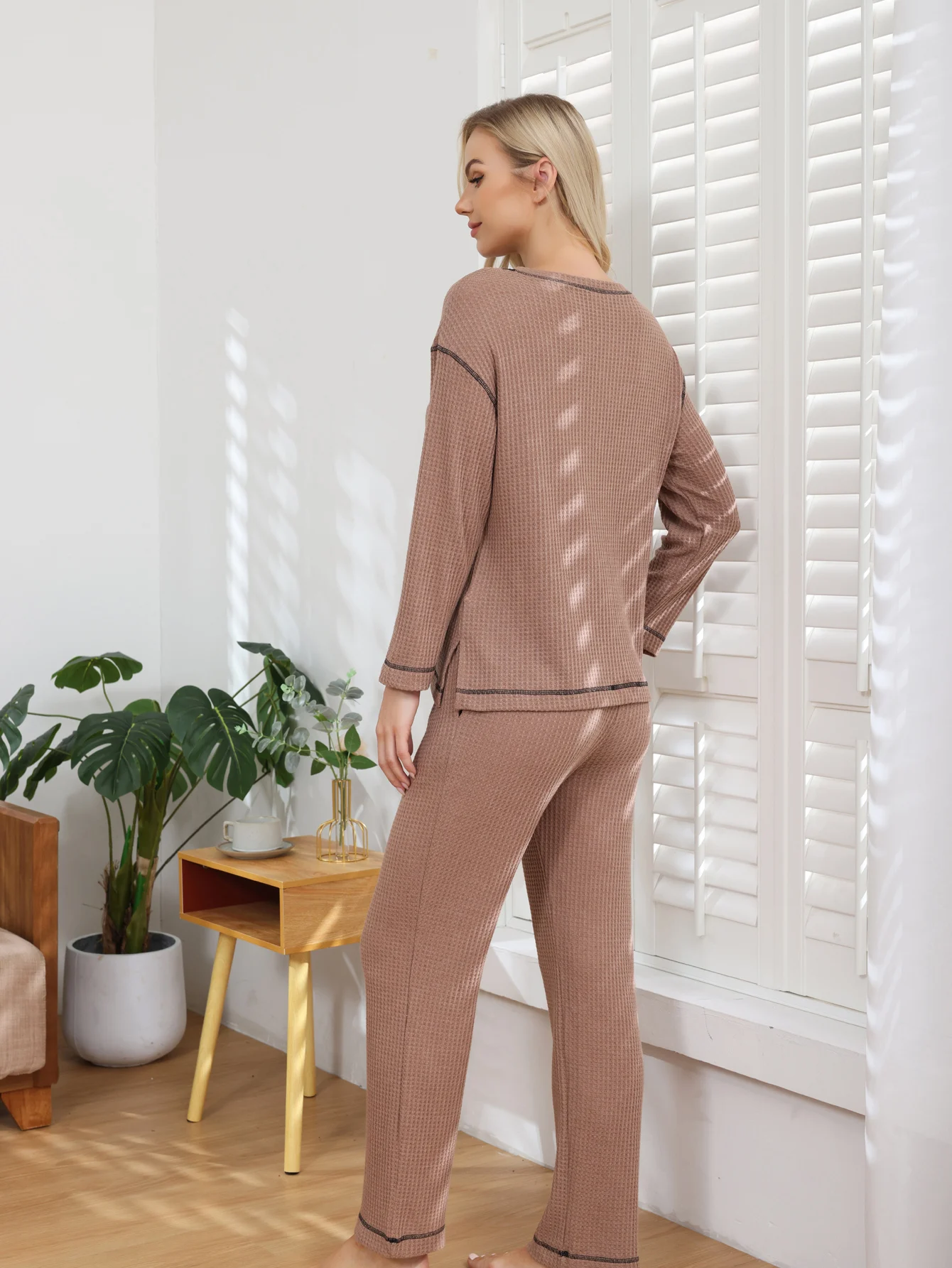 Aamikast Women's Fall Winter Sets Long Sleeve Long Pants Pajama Suit Pure Color Splicing Casual Homewear Belt Drawstring