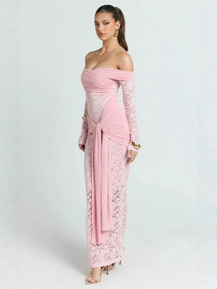 เดรสยาวทรงดินสอสีชมพู ผ้าลูกไม้ แขนยาว โชว์ไหล่ ดีไซน์เซ็กซี่ หรูหรา เหมาะสำหรับงานปาร์ตี้ยามเย็น ผ้าสเตรช กระชับรูปร่าง รุ่นใหม่ล่าสุด ปี 2025