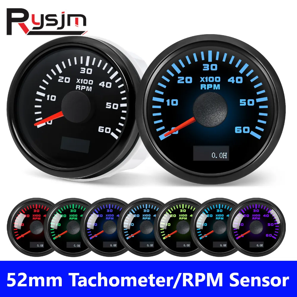 Tacómetro de 2 pulgadas y 52MM, medidor de tacómetro de 3000/4000/6000/7000/8000 RPM, retroiluminación de 7 colores para barco, coche, camión, Sensor de RPM, 9-32V personalizado