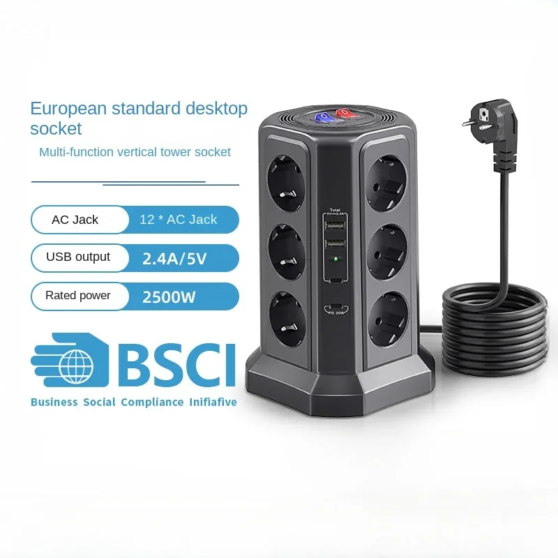 EU Vertical Socket One Turn Multi-with 1.8m Extension Cable Plug-in Board Multi-function with USB Porous Switch Socket Panel