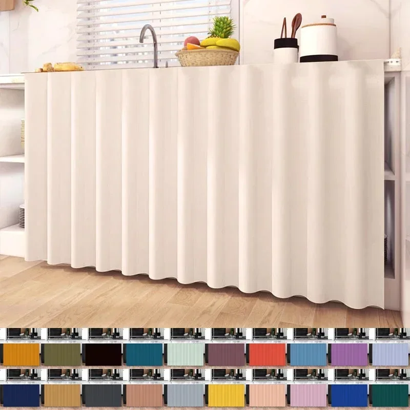 Cabinet Curtain Solid Color Cupboard Wardrobe Curtains Kitchen Dustproof Short Curtains Self-Adhesive Cabinet Bookcases Cortina