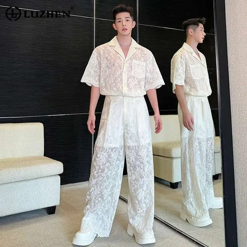 

LUZHEN Stylish Embroidery Pattern Design Two-piece Sets Men's 2025 New Original Loose Straight Pants Short Sleeve Shirts LZ2401