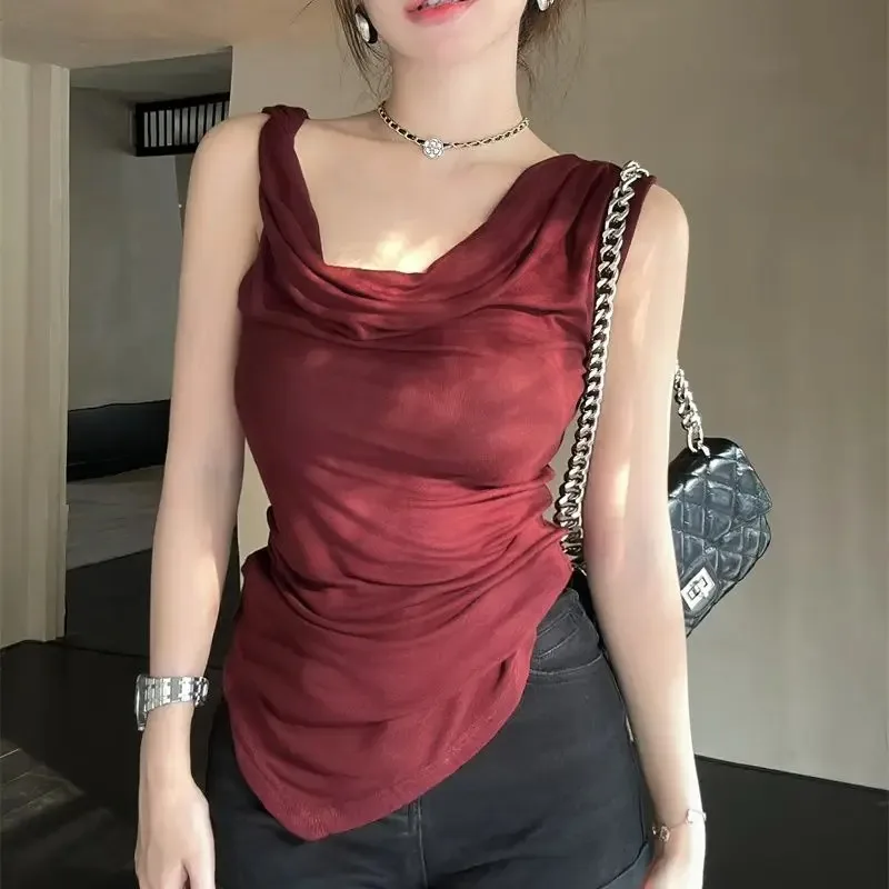 2026 Ropa Mujer Chic Vest For Women Sleeveless Temperament Lady Tops Slim Fit Folds Camis Irregular Summer Tanks Women Clothes