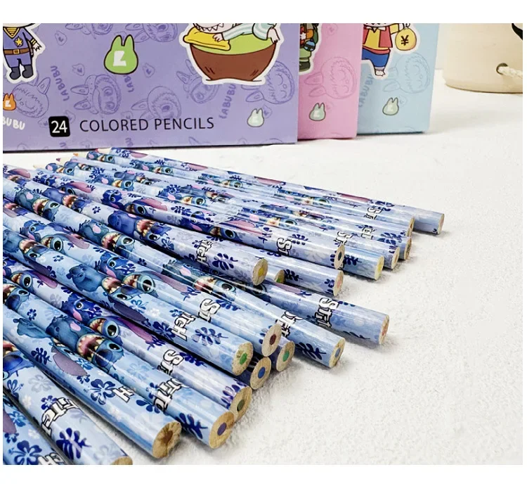 Nowy Zestaw Ołówków Anime Stitch 24 szt. Kawaii Artykuły Papiernicze dla Dzieci Pudełko Prezentowe z Temperówką Artykuły Szkolne dla Dzieci Hit Sprzedaży