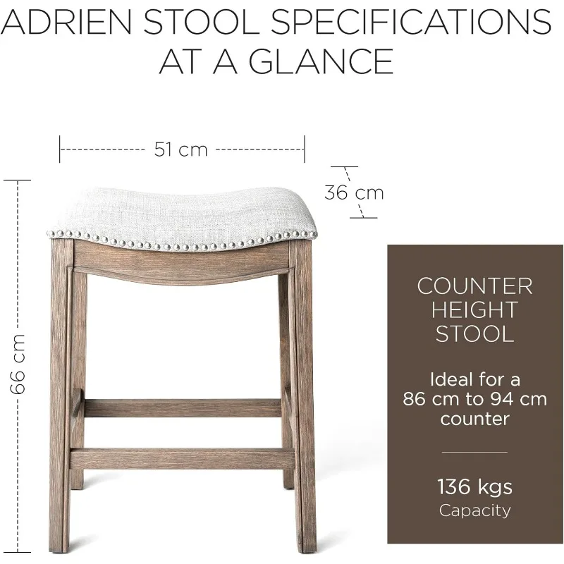 Adrien 26 Inch Counter Height Upholstered Backless Saddle Barstool in Reclaimed Oak Finish with Ash Grey Fabric Cushion Seat