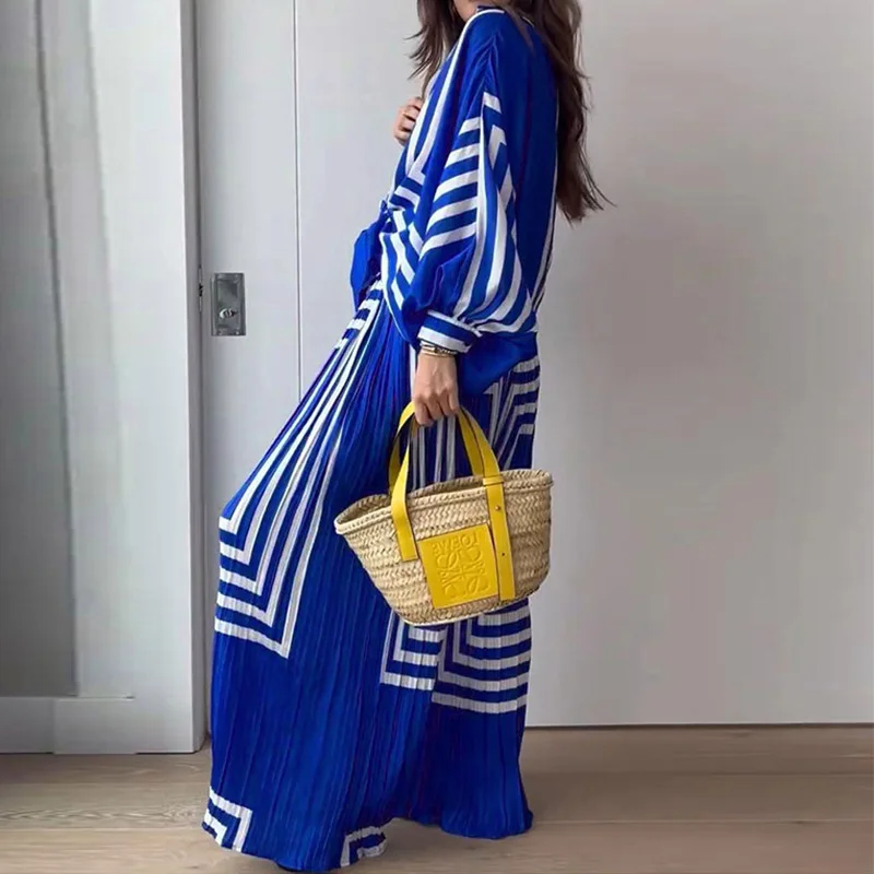 Ladies' Autumn Fashion Blue Set Printed Stripe Lace Up Shirt Elegant Folded Loose Straight Leg Wide Leg Pants Set Two Piece Set