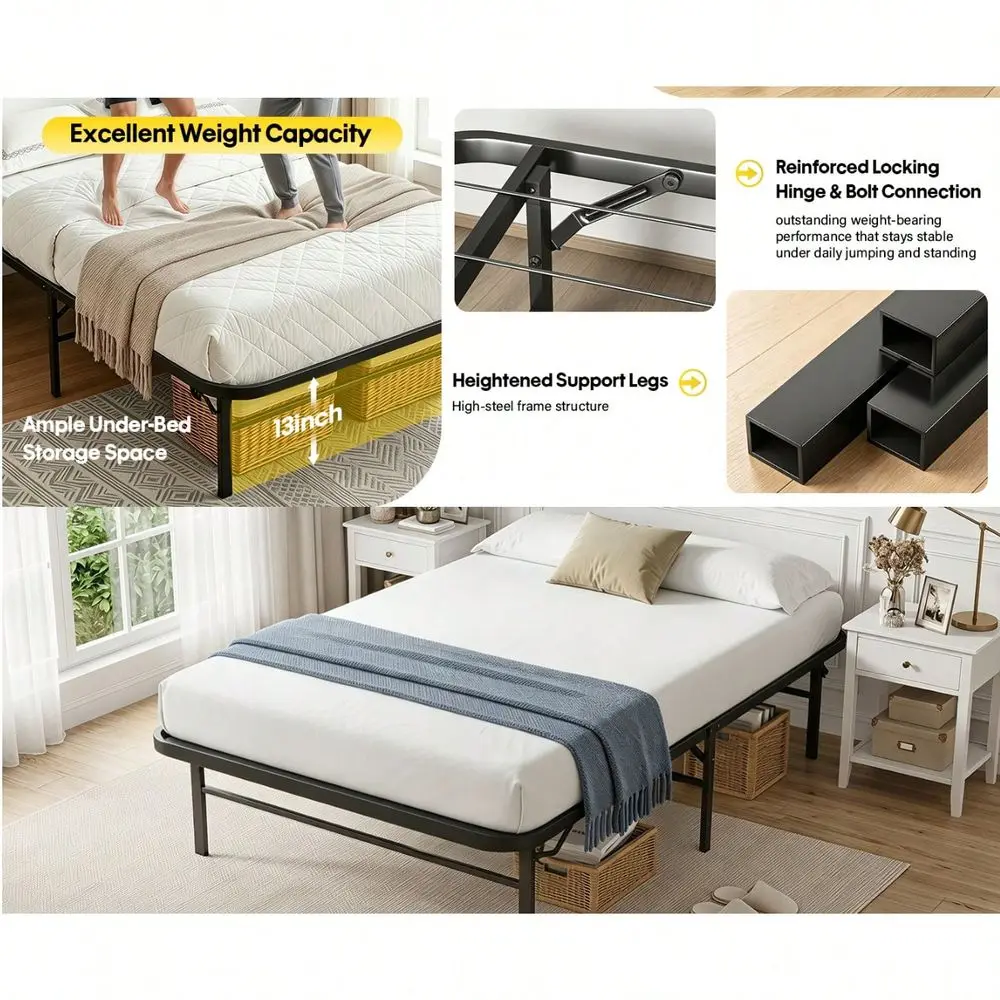 Twin Bed Frame, Heavy Duty Metal Platform Bed With Steel Slats 6 Legs, Foldable Design, No Box Spring Needed, Easy Assembly, Un