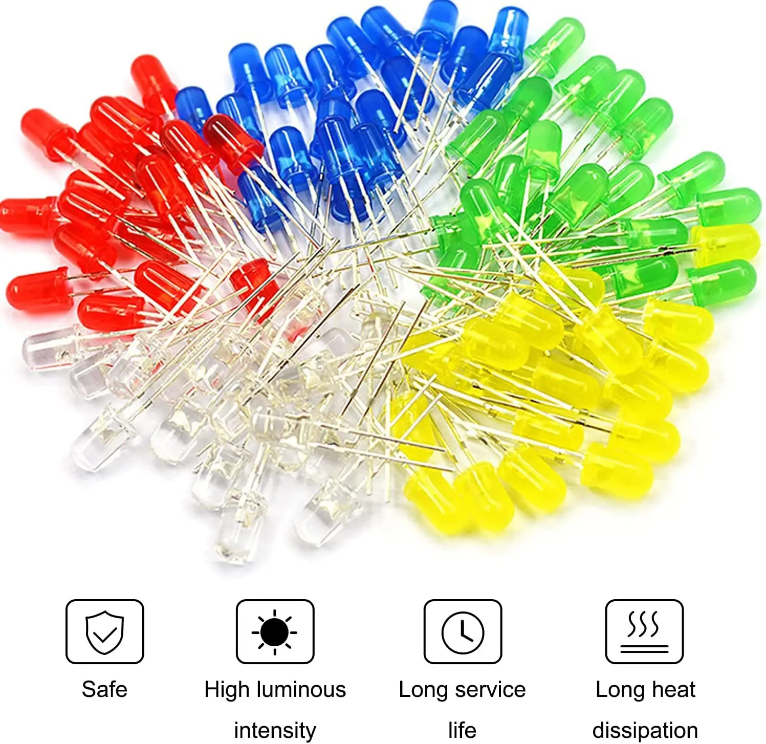 500 PCS (5 Colors x 100PCS) 5mm LED Light Emitting Diode Assorted Color Blue/Yellow/Red/Green/White Kit Box