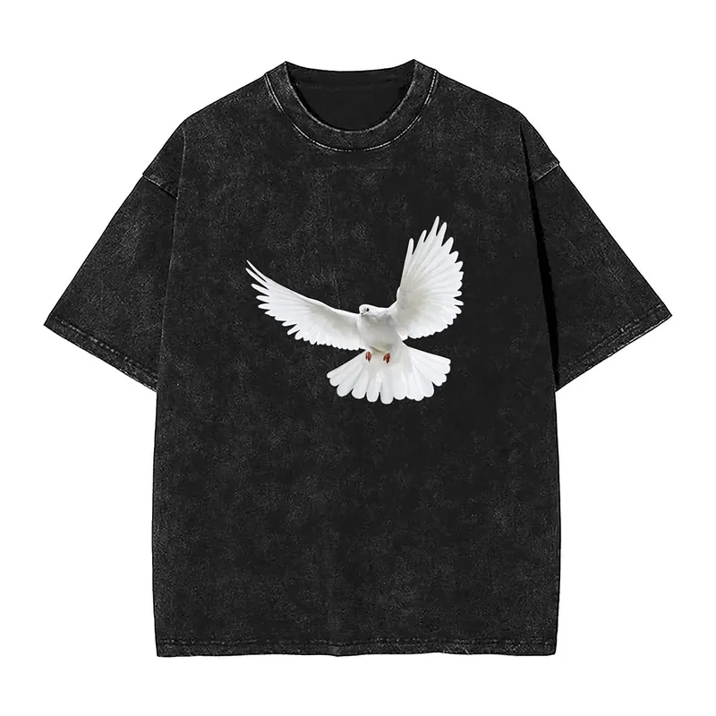 White Flying Pigeon Washed T Shirt Unisex K-Kanye W-West Streetwear Casual T-Shirts Summer Breathable Hippie Tees Oversized Tops