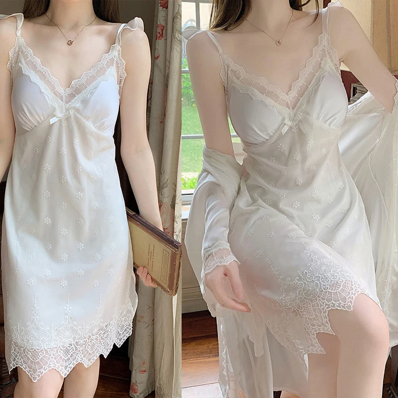 Sexy Lace 2PCS Robe Sleep Suit V Neck Night Dress White Home Clothing with Chest Pad Women Nightgown Homewear Satin Sleepwear