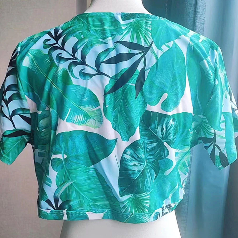 Maiô feminino estampado verde de três peças, biquíni sexy de cintura alta, roupa grande, conjunto de praia boêmia, moda plus size, 2023