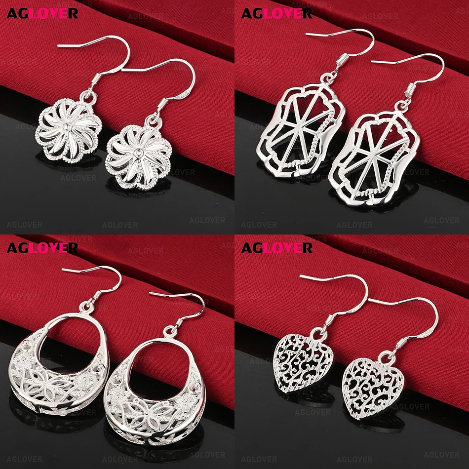 

AGLOVER 925 Sterling Silver Geometric Hollow Carved Pattern Earrings Women Fashion Romantic Wedding Party Jewelry