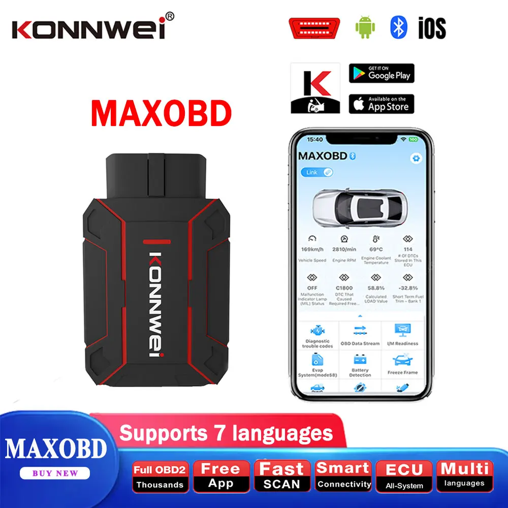 

KONNWEI Car OBD Diagnostic Tool Full System Scan Clear Engine Fault Codes Bluetooth Connection MAXOBD Control Car OBD2 Scan Tool