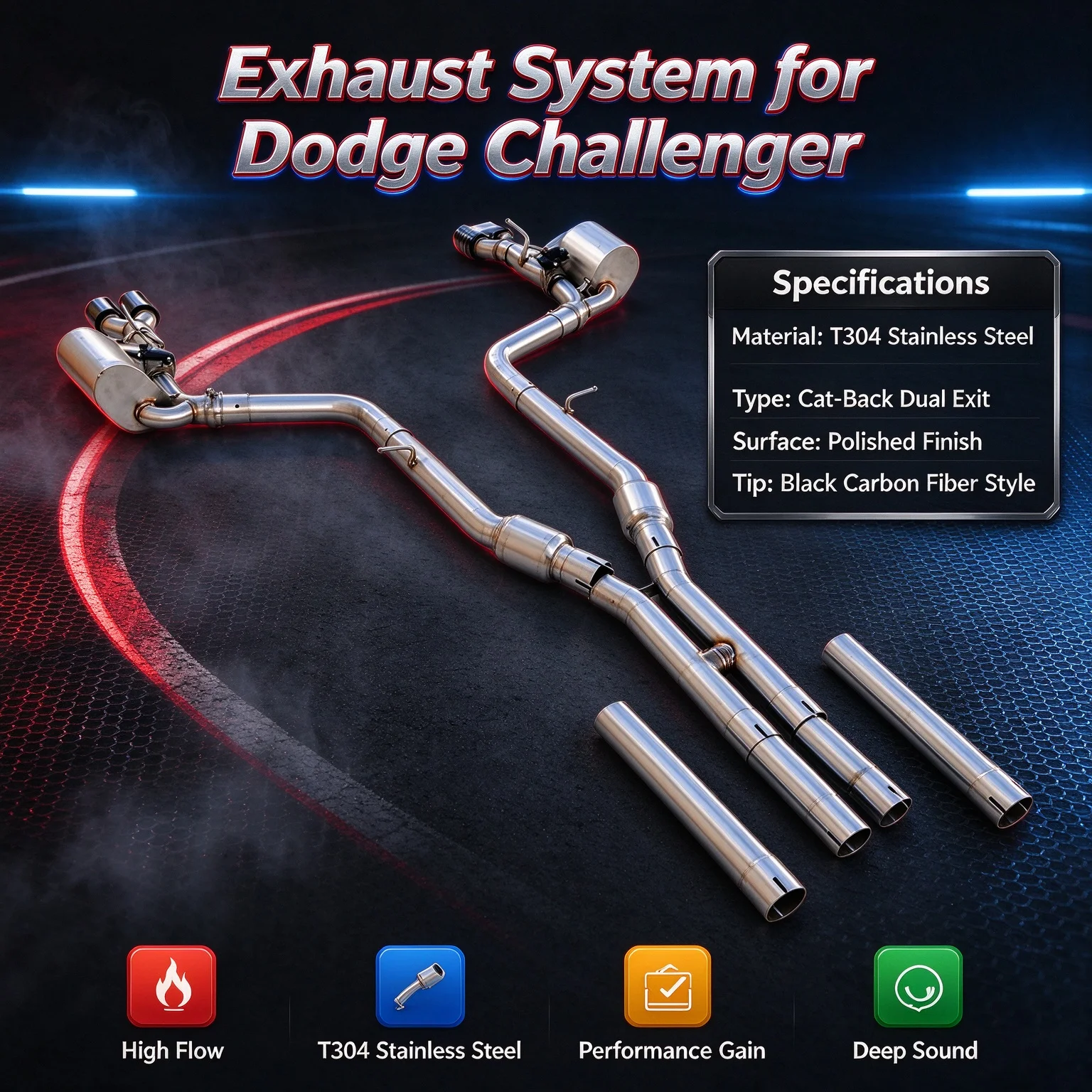 High-performance 4 exhaust tip with valves for Dodge Charger HEMI 6.2 2014-2023 stainless steel valve control cat back exhaust