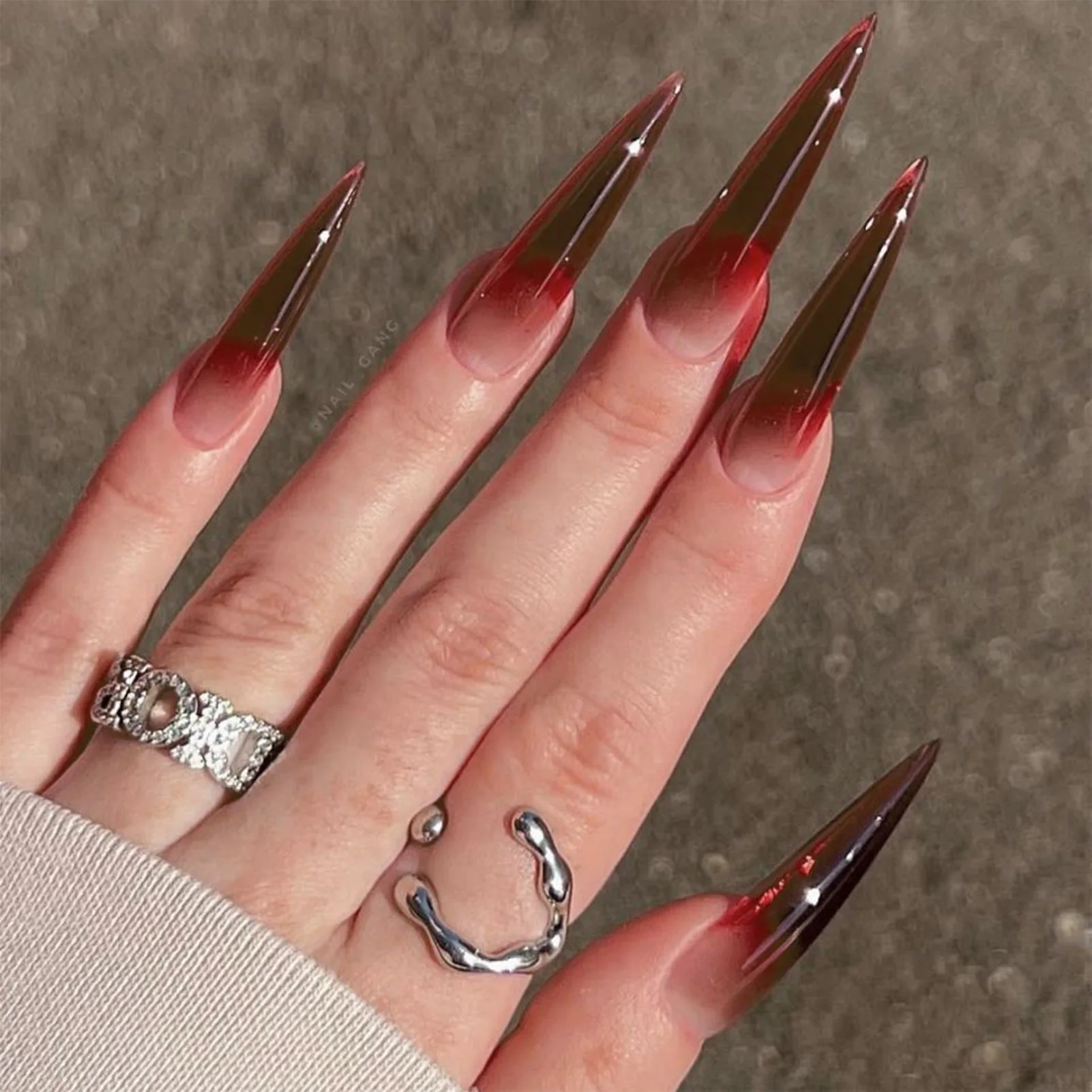 Brick Red Gradient False Nails 24 Pieces Fashionable Design For Party Wedding Daily Use