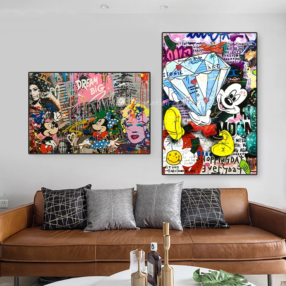 

Disney Banks Style Mickey Mouse Graffiti Poster Mickey Minnie Pop Wall Art Living Room and Home Decoration Painting Fashion Gift