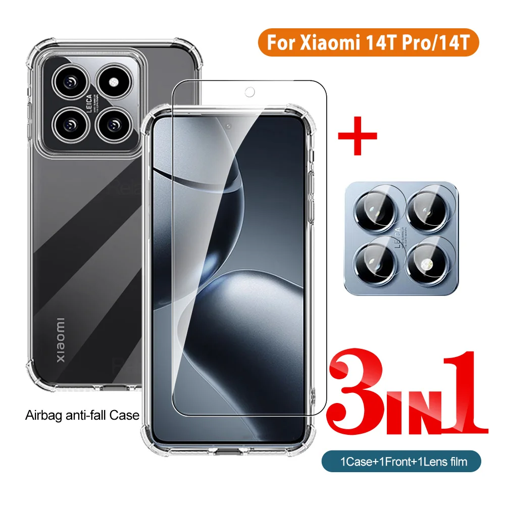 3in1 For Xiaomi 14T Pro Clear airbag Case Lens film screen protector glass For Xiaomi 14TPro xioami 14 T Pro 5G Shockproof cover