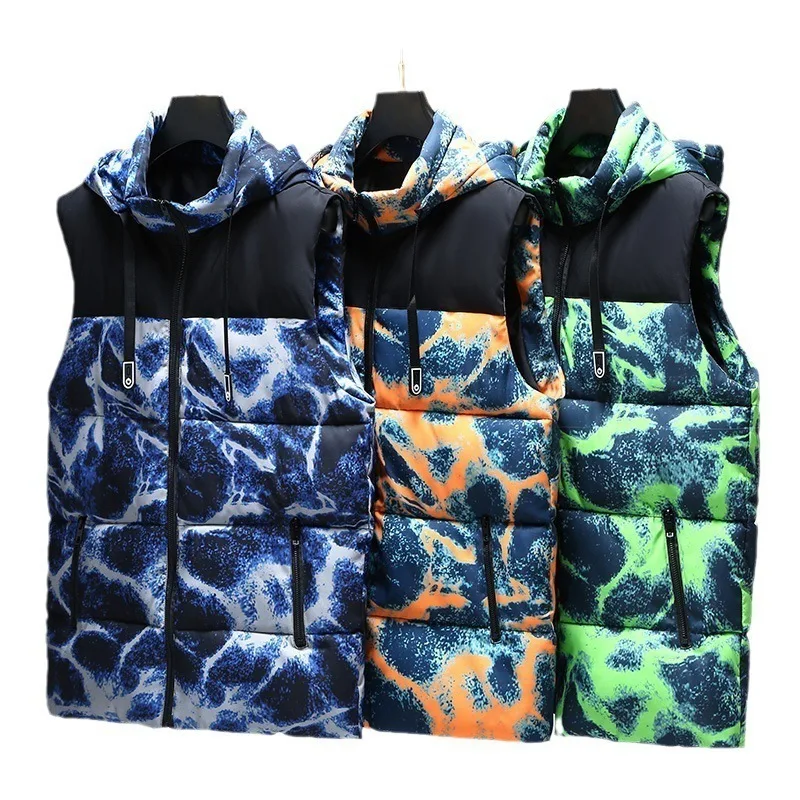 #3615 Winter Vest Men Slim Tie Dye Camouflage Sleeveless Jacket Zipper Vintage Streetwear Down Vest Coat Plus Size 6XL 7XL 8XL