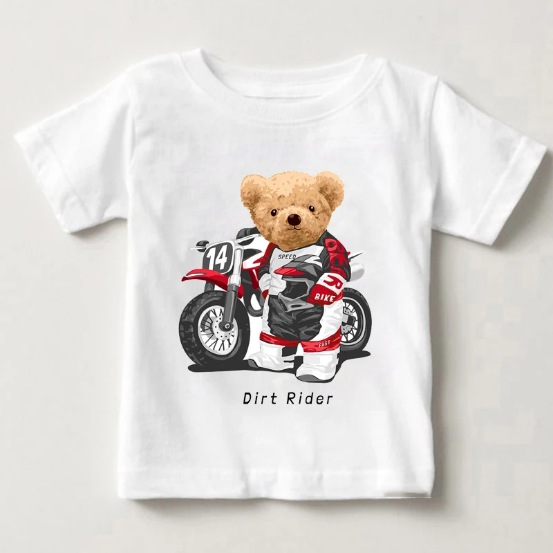 Funny Bear Riding Motorcycle Car Print Boys And Girls White T-shirt Children\'s Summer Harajuku Kawaii Funny Baby Y2K Clothes