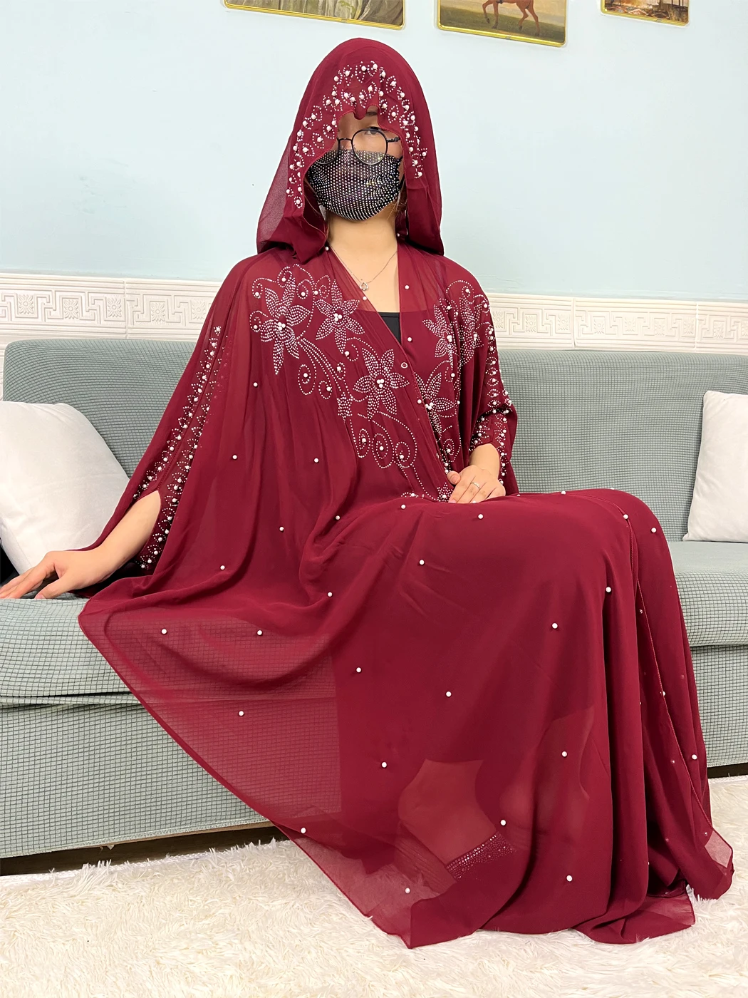 Muslim Open Abayas For Women 2024 Chiffon Beading Set Diamonds Dubai Islam Prayer Garment Sets African Boubou Dress With Hooded