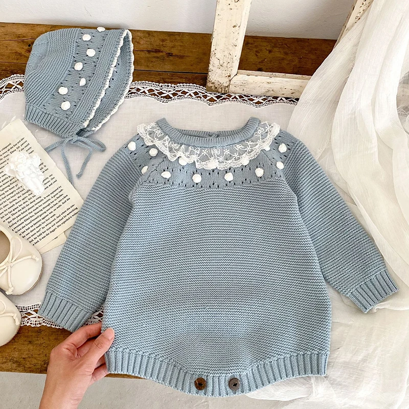 Kids Baby Girls Long Sleeve Solid Color Knit Jumpsuit Spring Infant Baby Girls Clothes Newborn Baby Girls Lace Rompers 0-3Yrs