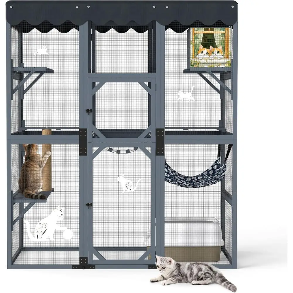 

72Inches Large Wood Catio Outdoor Cat Enclosure with Waterproo Roo, Multi-Level Cat House or 2-3 Cats, Spacious Perches, Hammock