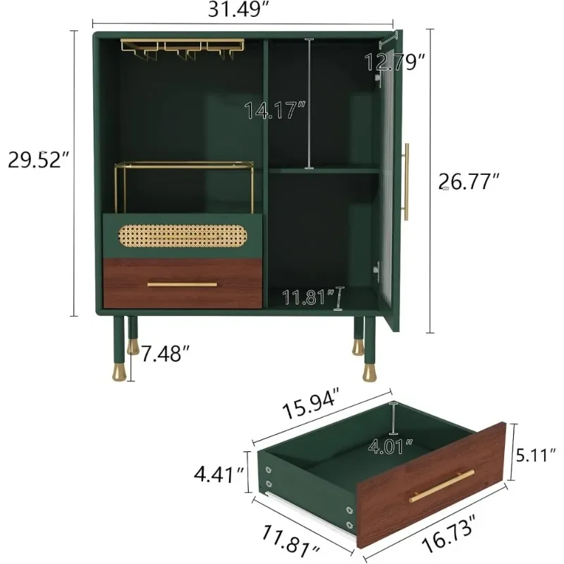 Modern Coffee Bar Cabinet with Wine Glass Rack, Drawers & Pull-Out Storage for Kitchen, Dining Room | Green Liquor Cabinet
