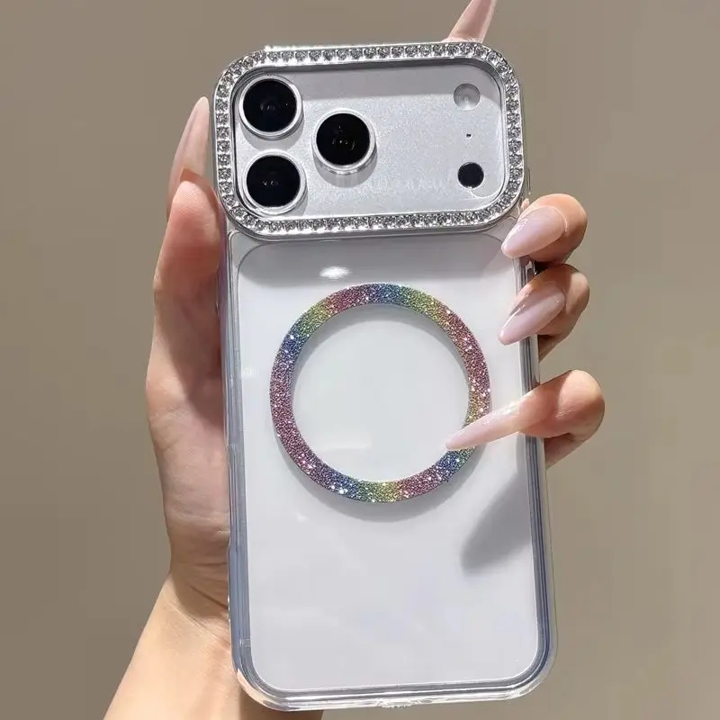Simple Glitter Magnetic Phone Case for 17 Pro Max Sparkly Rhinestone Camera Frame Clear Protective Cover for iPhone 16 15 14 13